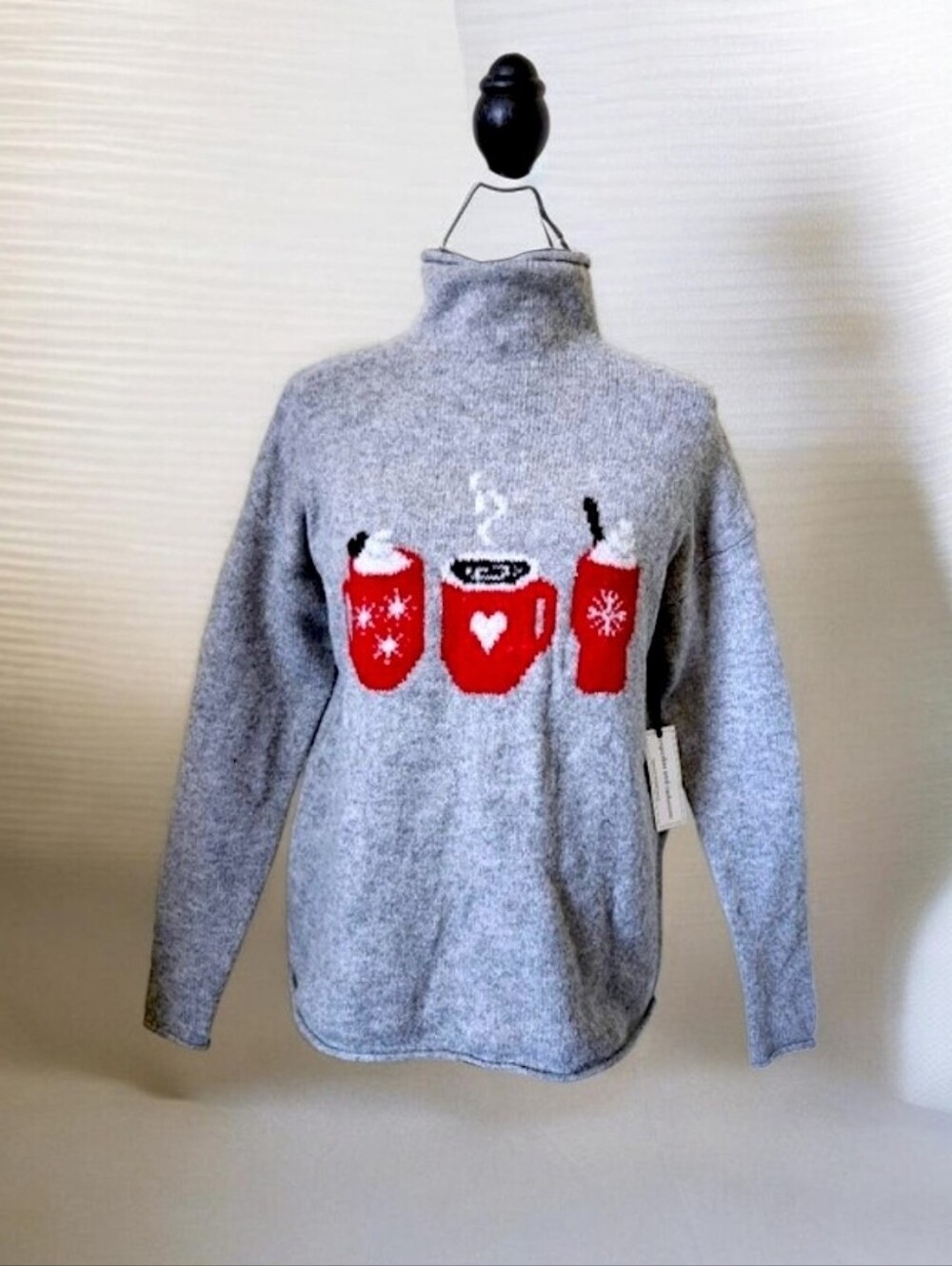 cupcakes & cashmere Grey Turtleneck Sweater with Red Mug Motif Trio